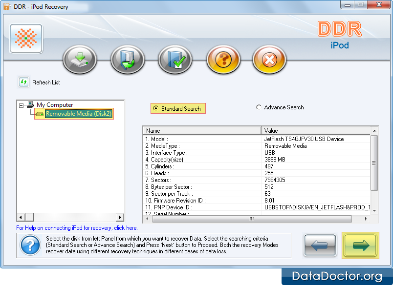 main screen of iPod data recovery software