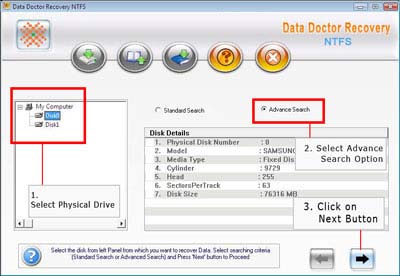 Select the physical drive from left panel and choose advance search