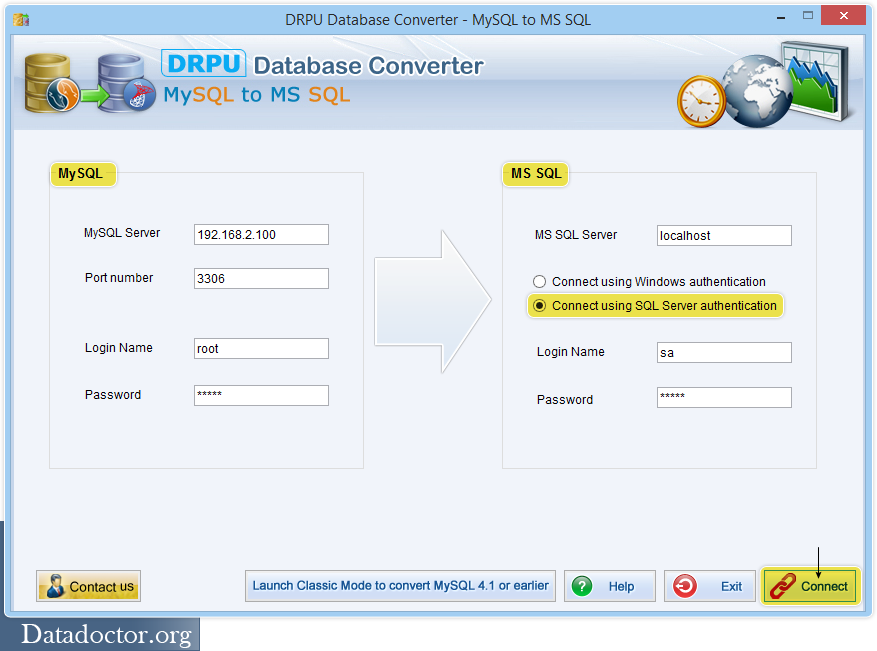 MySQLとMS SQL Serverの間の接続を接続します