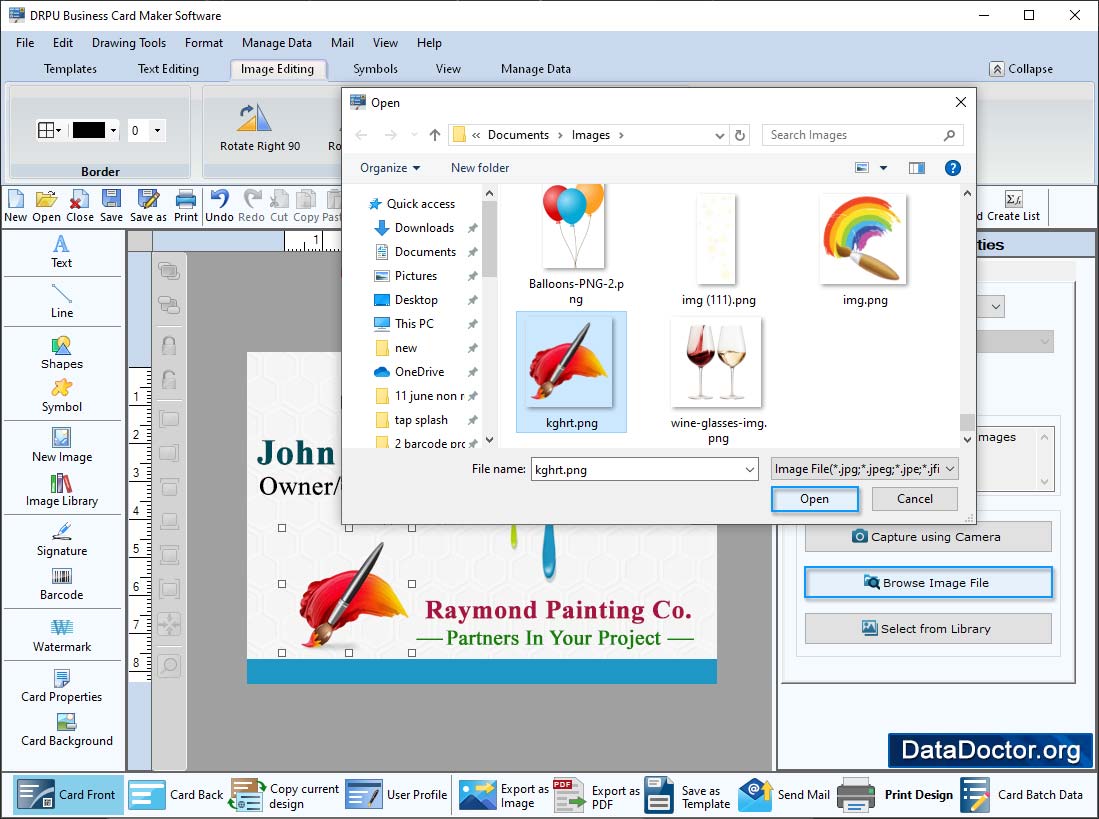 Select Image Add image on business card