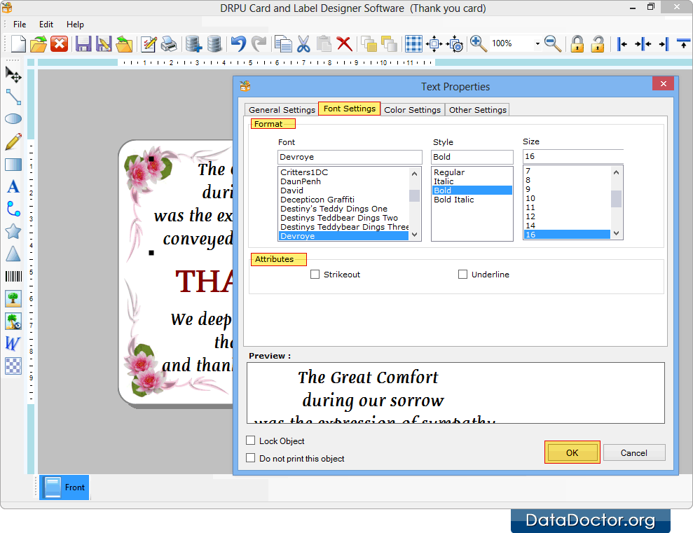 Font Settings of Text Properties Font Settings of Text Properties