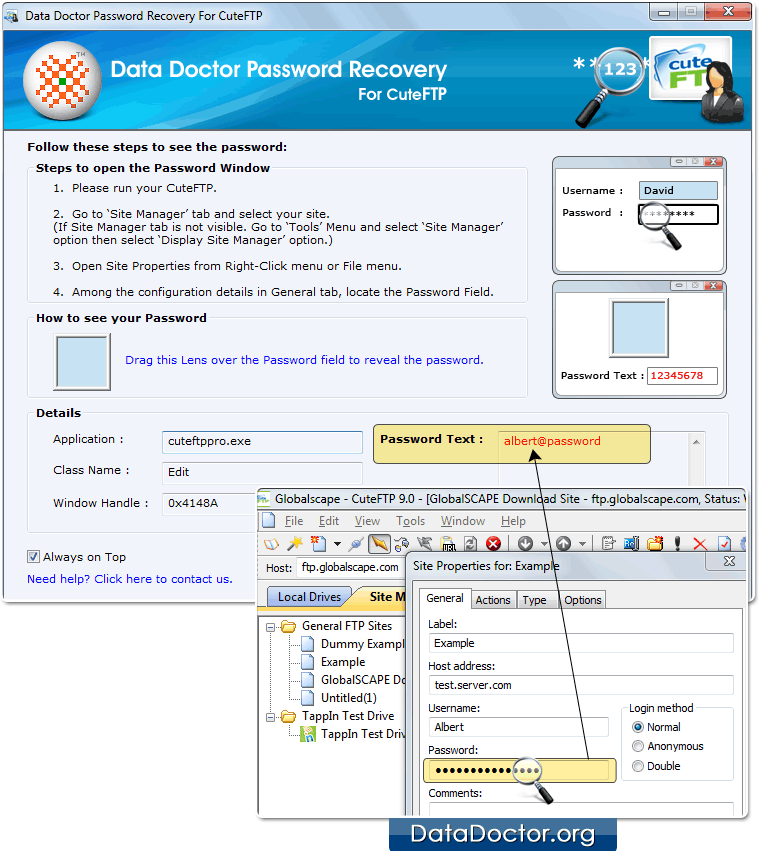 Drag lens over the password field Drag lens over the password field