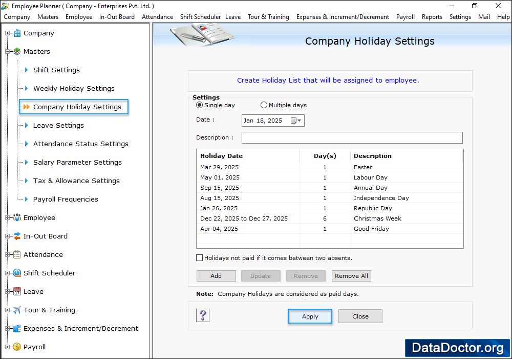 Company Holiday Settings Employee Planner Software