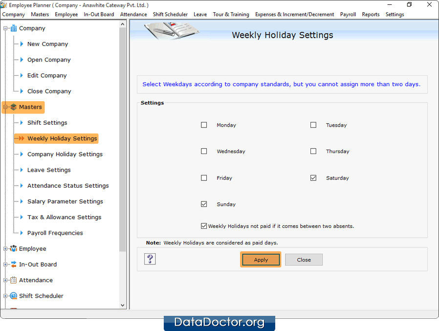 Weekly Holidays Settings Employee Planner Software