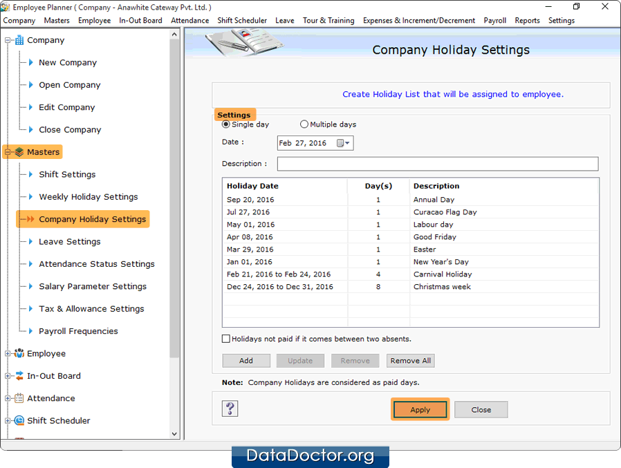 Company Holiday Settings Employee Planner Software