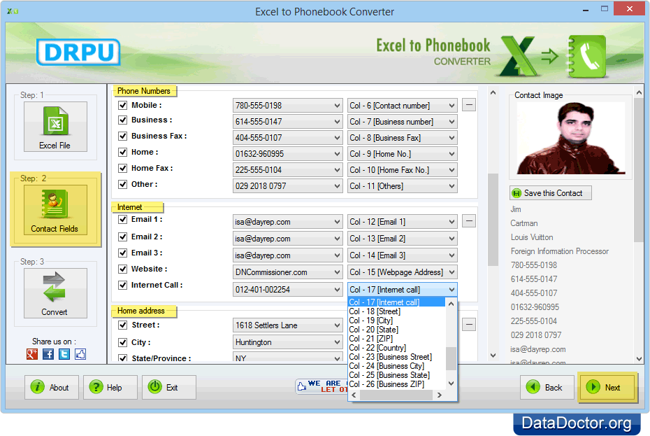 Select various contacts fields Select various contacts fields