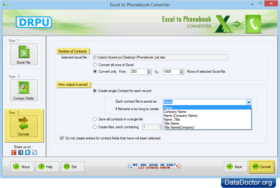 Select Number of Contacts to convert Select Number of Contacts to convert