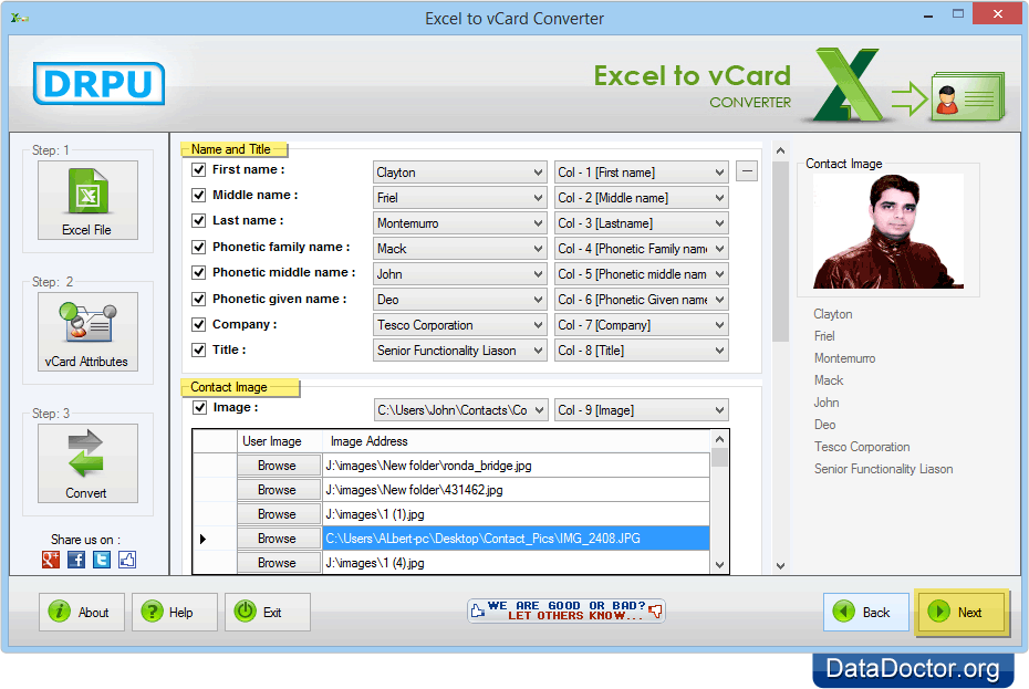 Select various vCard attributes Select various vCard attributes