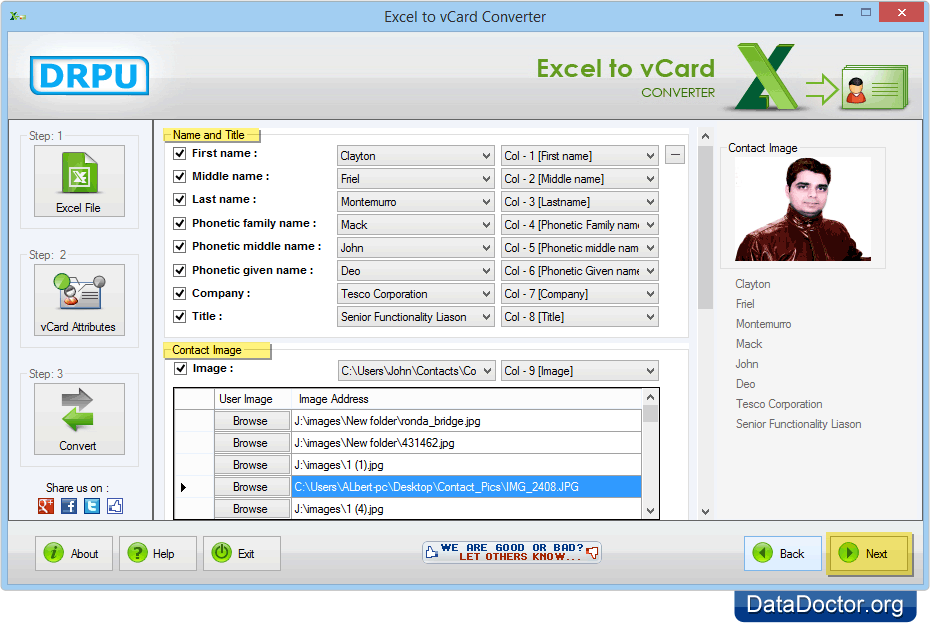 Select various vCard attributes