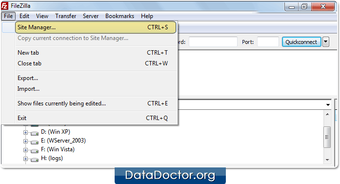 Select 'Site Manager' Open FileZilla software