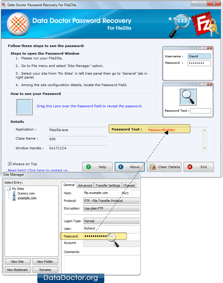 Drag lens over the password field Drag lens over the password field