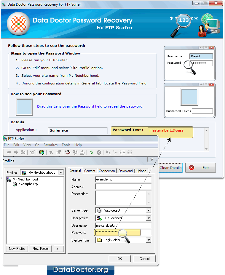 Drag lens over the password field Drag lens over the password field