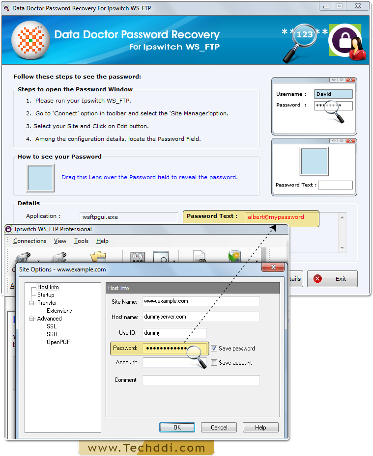 Drag lens over the password field to recover password Drag lens over the password field to recover password