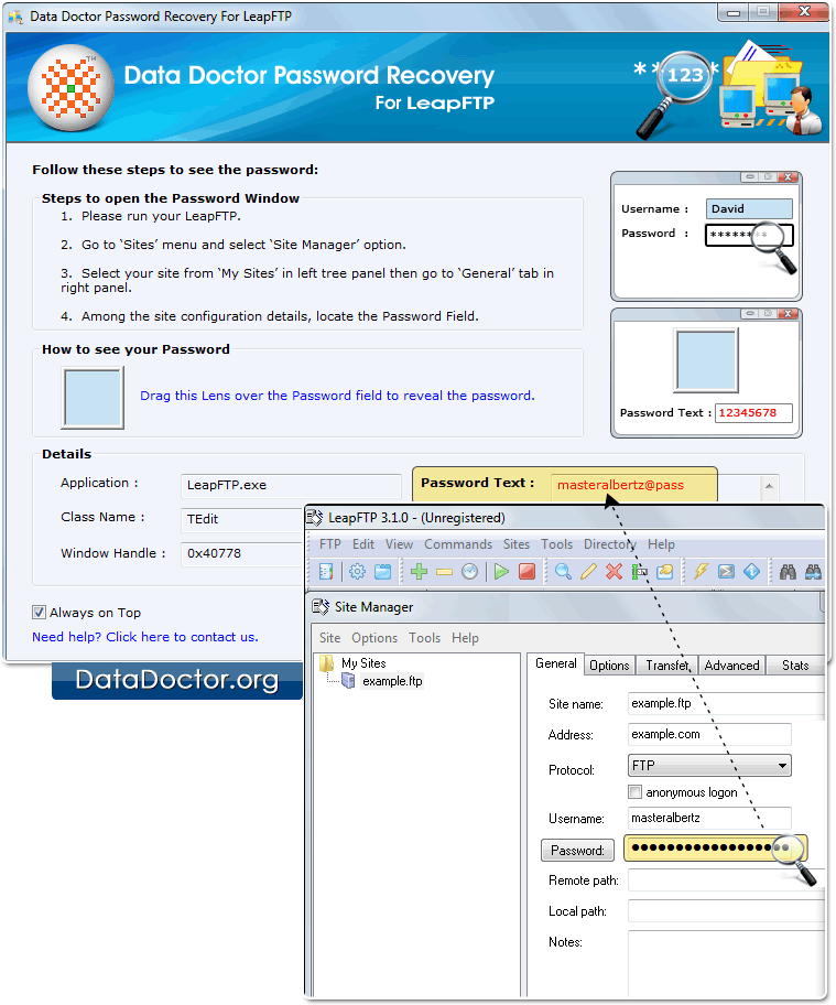 Drag lens over the password field Drag lens over the password field