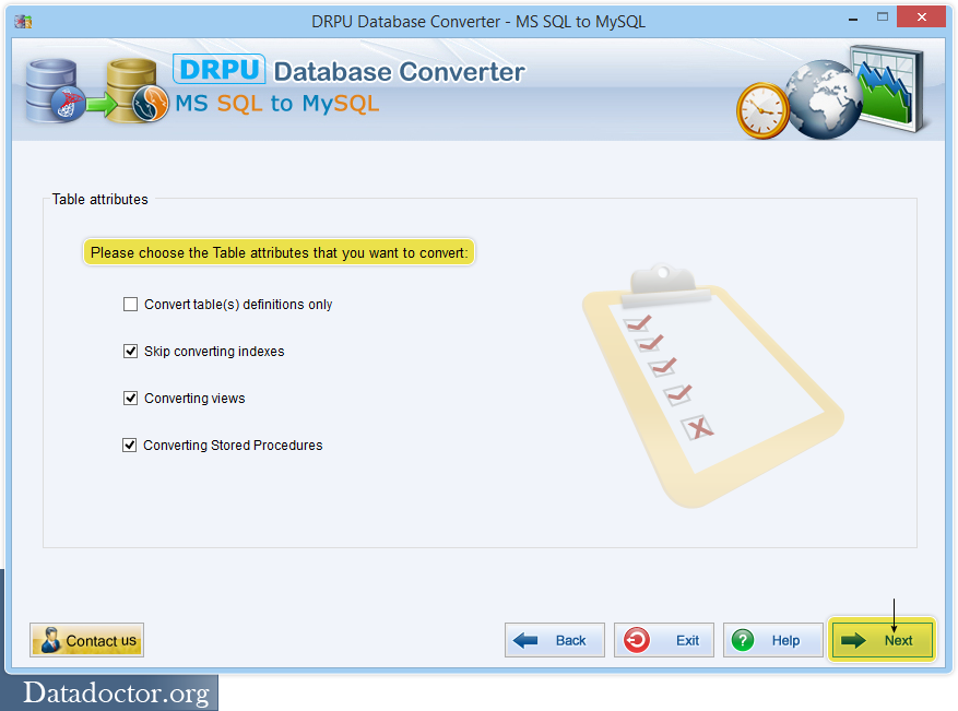 Choose table attributes MS SQL to MySQL Database Converter