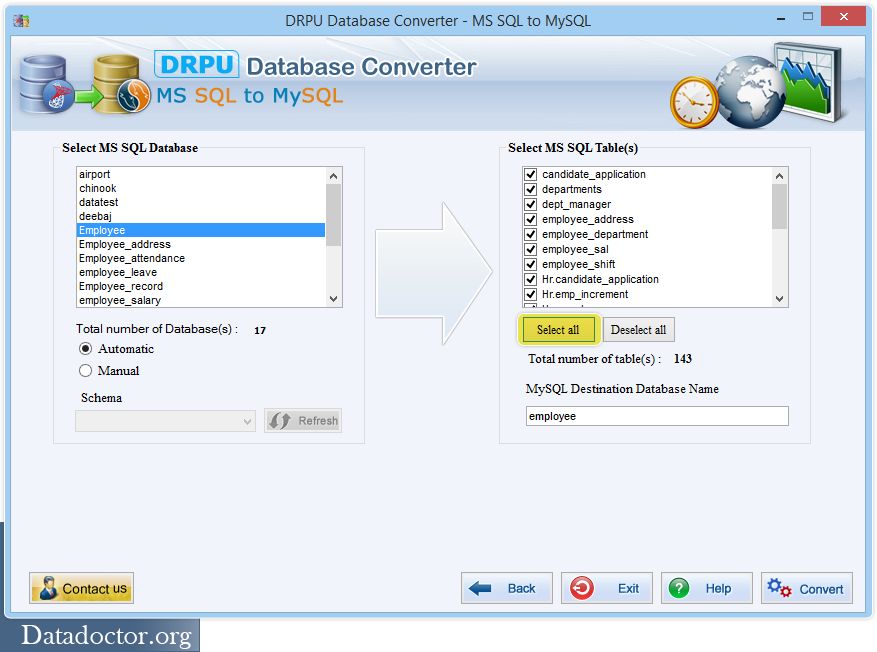 Select MS SQL database and tables MS SQL to MySQL Converter