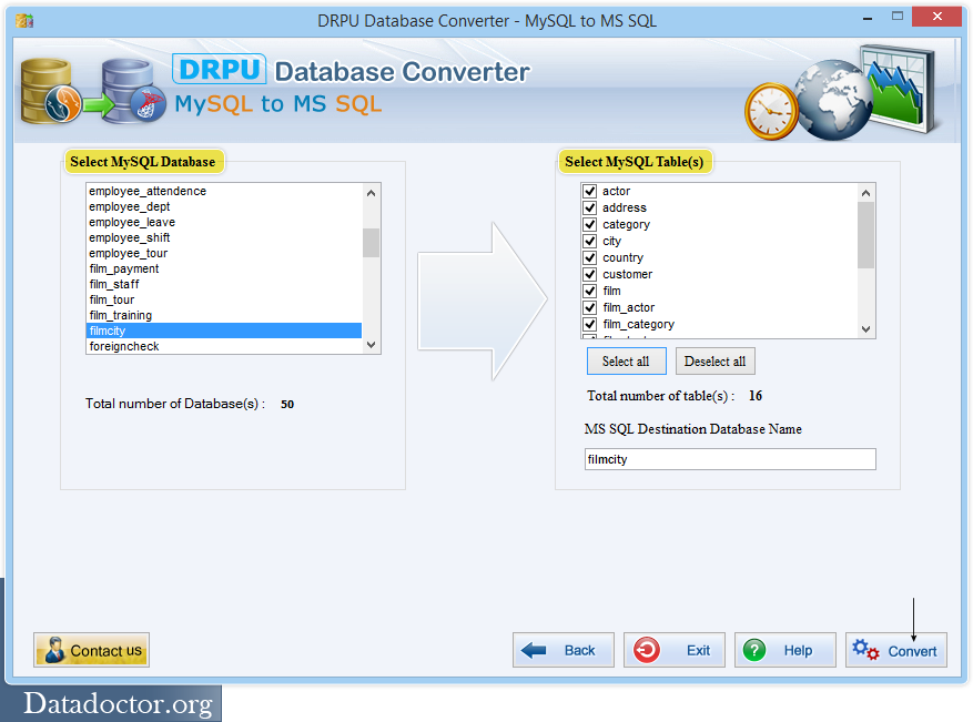 Select MySQL database and tables MS SQL to MySQL Converter