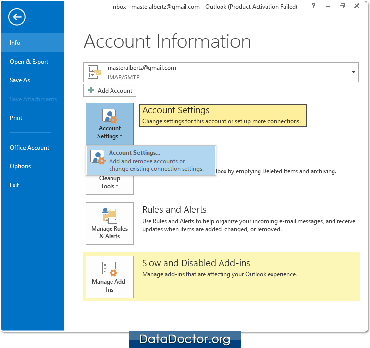 Open MS Outlook en ga naar 'Account Settings'