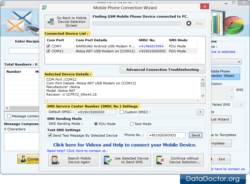 Use o dispositivo selecionado para enviar SMS.