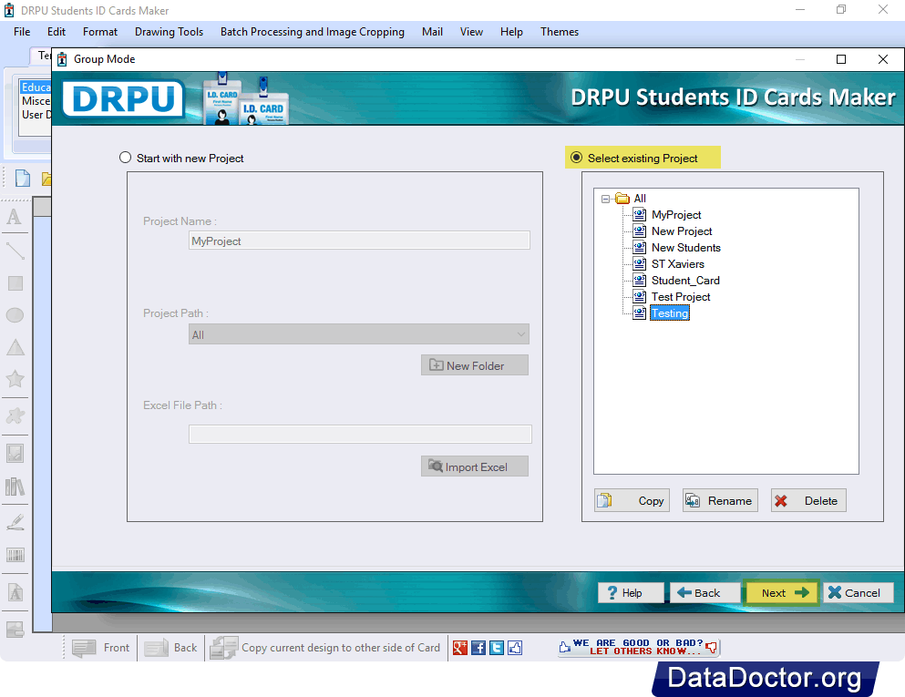 Select Existing Project Student ID Cards Maker Software