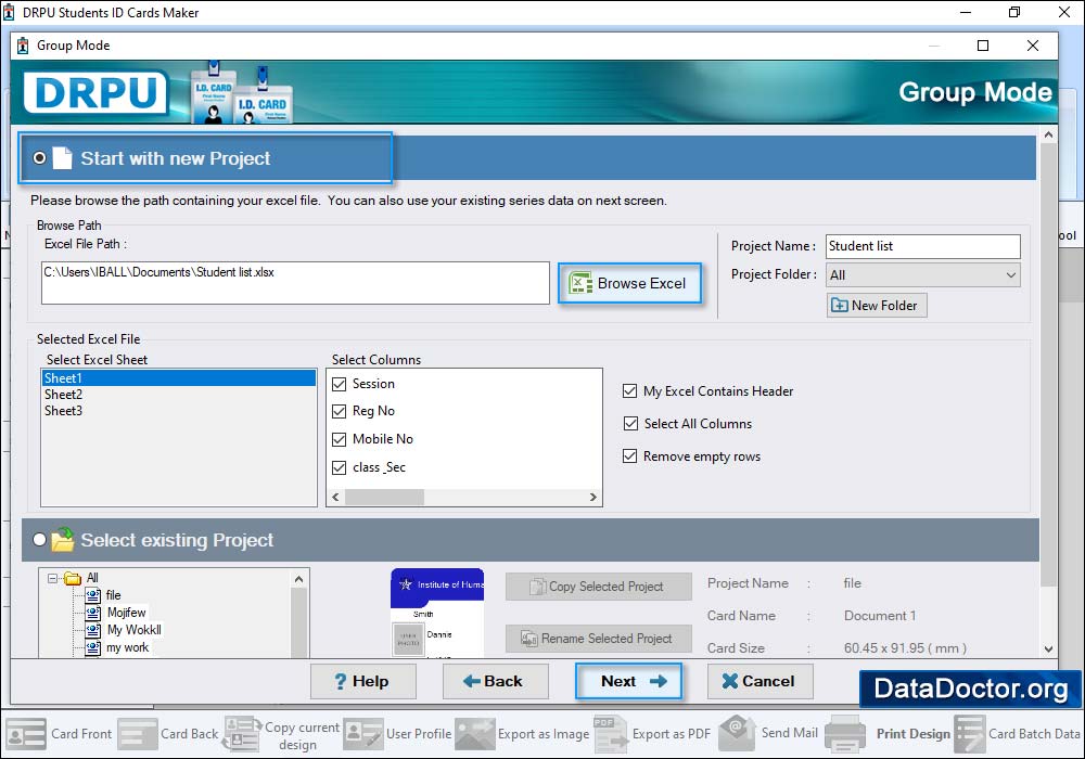 Select Existing Project Student ID Cards Maker Software