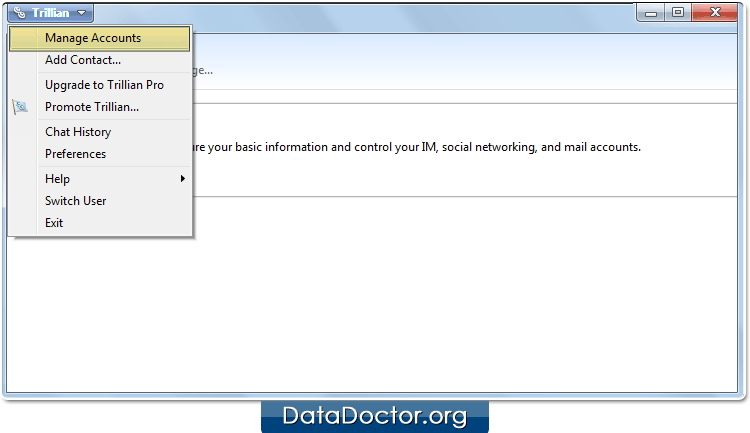 Select Manage Accounts in Trillian Software
