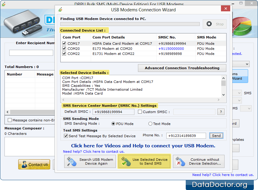 telnet send sms from pc to device via usb