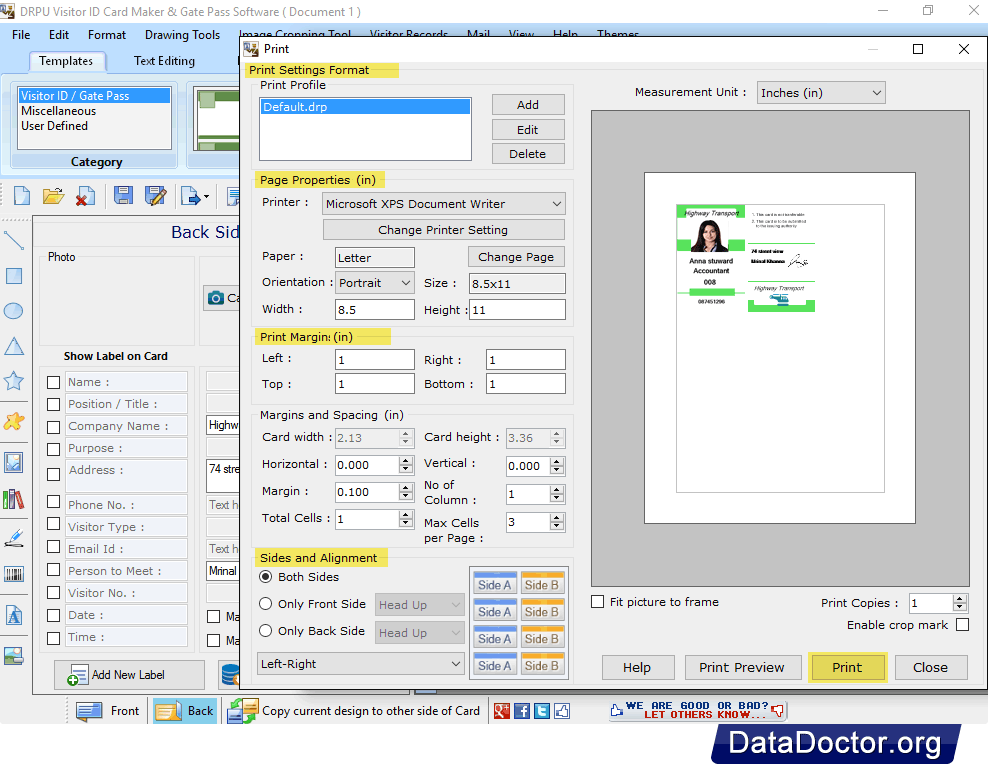 Print Settings Visitors ID Gate Pass Maker Software