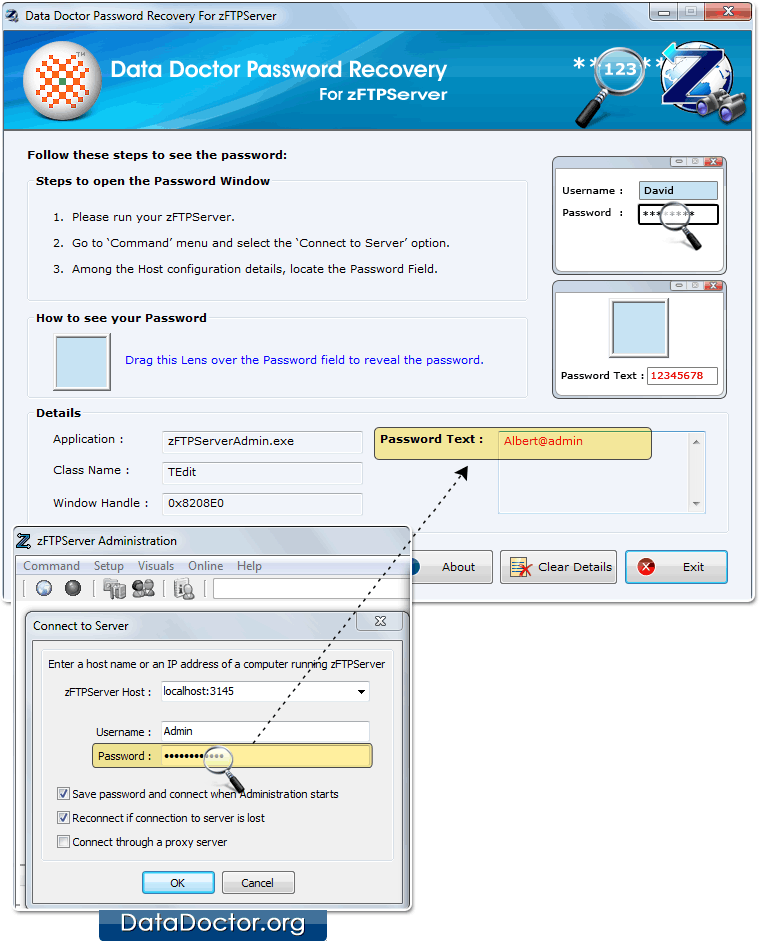 Drag lens over the password field Drag lens over the password field